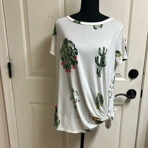 Gorilla Cat Medium White blouse with Cactus, Pit to pit 21”, Length 26, EUC
